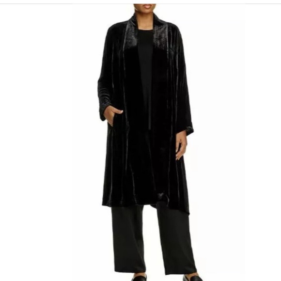 NWT EILEEN FISHER BLACK VELVET SHAWL COLLAR LONG JACKET $438 COAT sold out - Picture 6 of 12